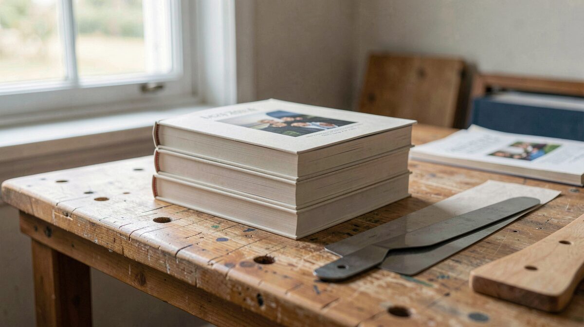 A small Italian bindery workbench with stacked unbound book blocks, a card cover and a bone folder, photographed in soft window light with a shallow depth of field.