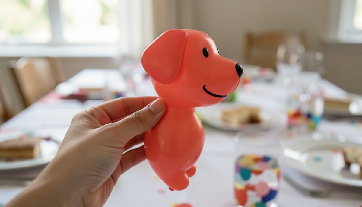 A hand half-way through twisting a coral balloon into a dog, a queue of children waiting just out of frame.