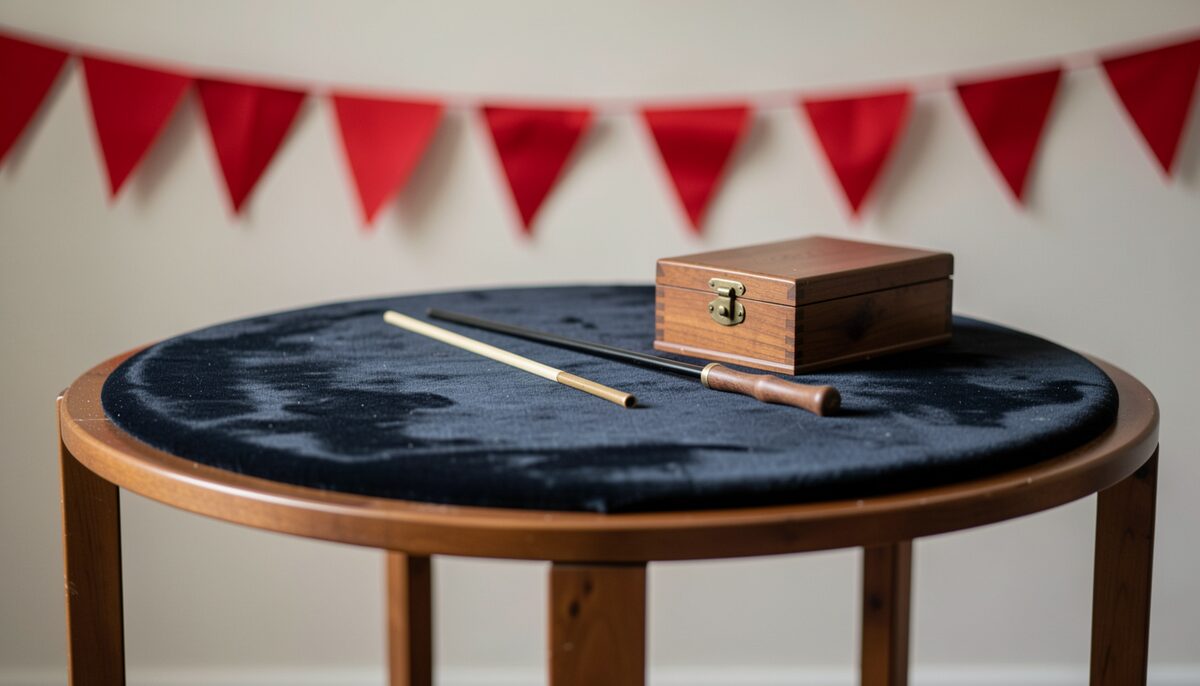 A close view of a magician's side table with a velvet top, a wand and a closed box on it, party bunting behind.