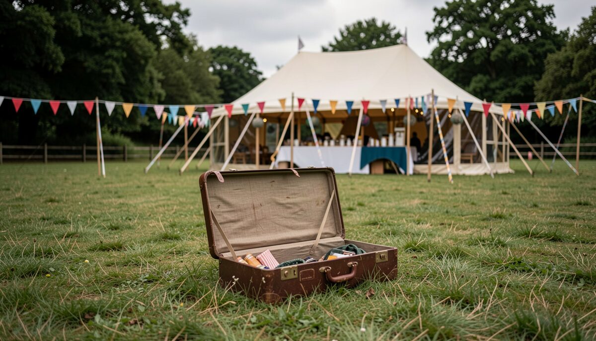 A performer's open suitcase on a fete field, bunting and a tea tent behind, people drifting past.