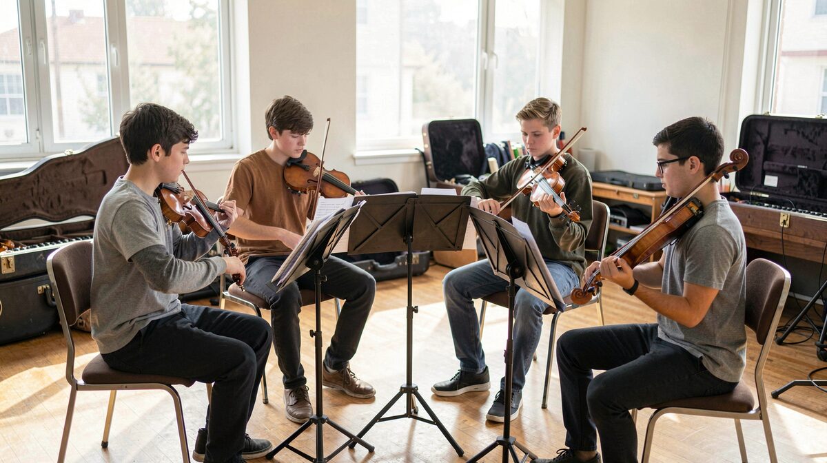 Four high-school string players seated in a square around shared music stands in a bright rehearsal room, morning window light across open cases, framed to show all four players and their stands.